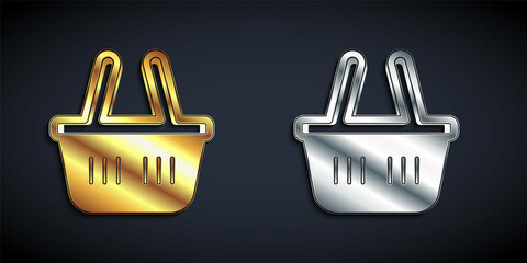 Gold and silver Shopping basket icon isolated on black background. Online buying concept. Delivery service sign. Shopping cart symbol. Long shadow style. Vector