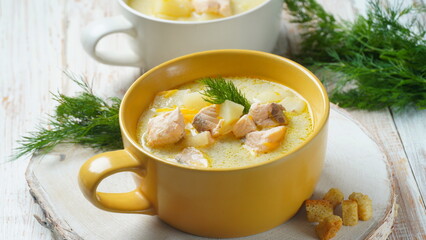 Creamy fish soup with salmon, potatoes, onions , carrots, dill and celery . Kalakeitto- traditional dish of the Finnish cuisine or Russian  Ukha Fish Head Soup. Healthy Food Concept. Omega -3