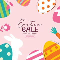Easter sale banner design template with colorful eggs and flowers. Use for advertising, flyers, posters, brochure, voucher discount.