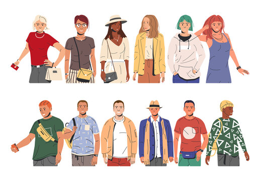 Group of Fashion People Characters. Young Man and Woman in Trendy Outfit Standing Together. Guys and Girls with Different Hairstyles and Ethnicities in Stylish Casual Clothes. Flat Vector Illustration