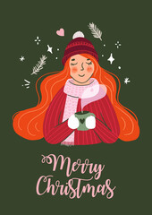 Cute, retro and trendy christmas greeting card with women/girl wear sweater in winter holiday season. 