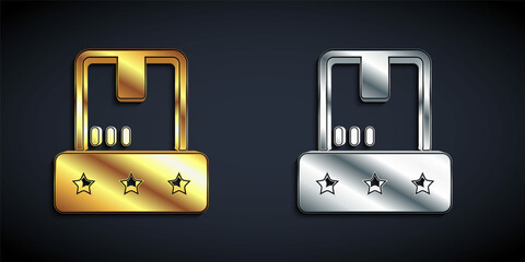 Gold and silver Consumer or customer product rating icon isolated on black background. Long shadow style. Vector