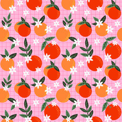 Cute seamless pattern with orange and flower blossom