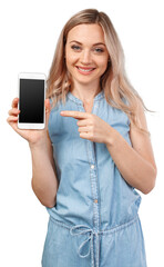 Fototapeta premium Portrait of a smiling woman showing blank smartphone screen isolated on a white background