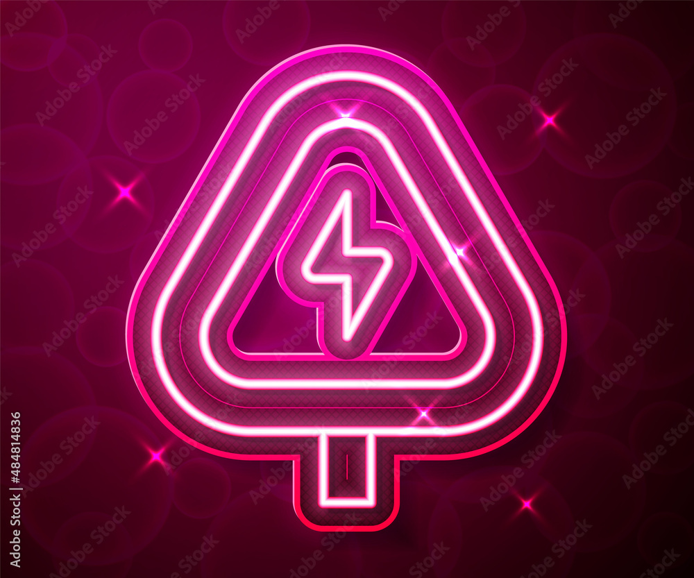 Poster glowing neon line high voltage sign icon isolated on red background. danger symbol. arrow in triangl