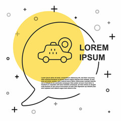 Black line Map pointer with taxi car icon isolated on white background. Location symbol. Random dynamic shapes. Vector