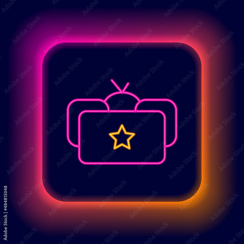 Poster Glowing neon line Ushanka icon isolated on black background. Russian fur winter hat ushanka with star. Soviet Union uniform of KGB and NKVD. Colorful outline concept. Vector