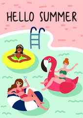 Illustration of girls on the swimming pool with inflatable. Flat, retro and trendy style illustration. For summer holiday season.