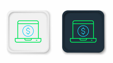 Line Laptop with dollar icon isolated on white background. Sending money around the world, money transfer, online banking, financial transaction. Colorful outline concept. Vector