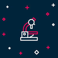 Line Microscope icon isolated on blue background. Chemistry, pharmaceutical instrument, microbiology magnifying tool. Colorful outline concept. Vector