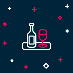 Line Wine bottle with glass icon isolated on blue background. Colorful outline concept. Vector