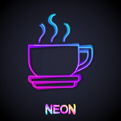 Glowing neon line Coffee cup icon isolated on black background. Tea cup. Hot drink coffee. Vector