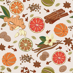 Seamless pattern ginger cinnamon cloves cardamom vanilla dried oranges star anise nutmeg sweet peas colorful seasoning set. Vector illustration
