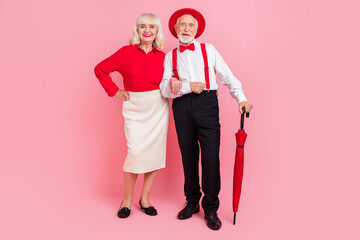 Full body photo of pensioner stylish trendy lady man romantic meet wear parasol hat isolated pastel...