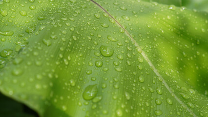 Close up of fresh Bird’s nest fern leaf with water drops, tropical plant