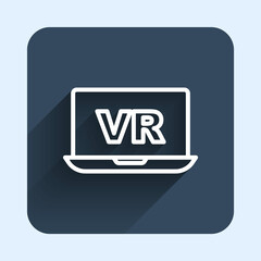 White line Virtual reality icon isolated with long shadow background. Futuristic VR head-up display design. Blue square button. Vector