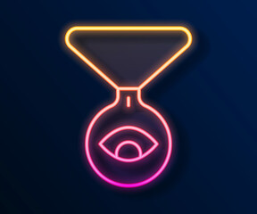 Glowing neon line Medallion on a chain with eye icon isolated on black background. Magic amulet with eye. Vector