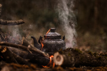 Old kettle in bushcraft camping
