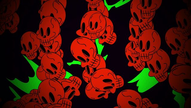 Red skulls pattern with green fire, motion horror, mystical and Halloween style background