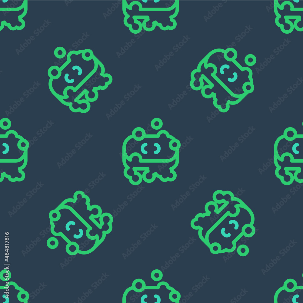 Poster line bar of soap with foam icon isolated seamless pattern on blue background. soap bar with bubbles.