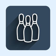 White line Bowling pin icon isolated with long shadow background. Juggling clubs, circus skittles. Blue square button. Vector