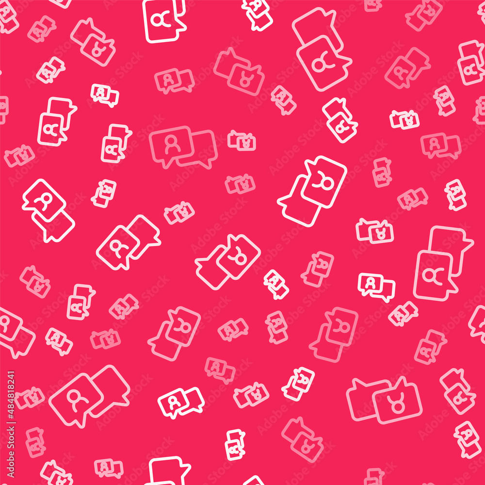 Poster White line Speech bubble chat icon isolated seamless pattern on red background. Message icon. Communication or comment chat symbol. Vector