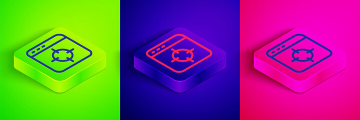 Isometric line Target financial goal concept icon isolated on green, blue and pink background. Symbolic goals achievement, success. Square button. Vector
