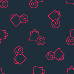 Red line Shopping bag and dollar icon isolated seamless pattern on black background. Handbag sign. Woman bag icon. Female handbag sign. Vector