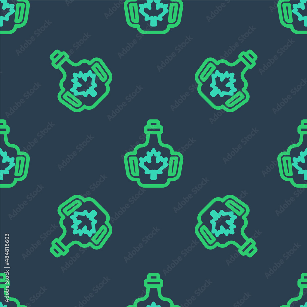Poster line bottle of maple syrup icon isolated seamless pattern on blue background. vector