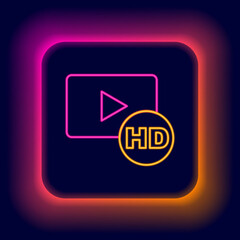 Glowing neon line Hd movie, tape, frame icon isolated on black background. Colorful outline concept. Vector