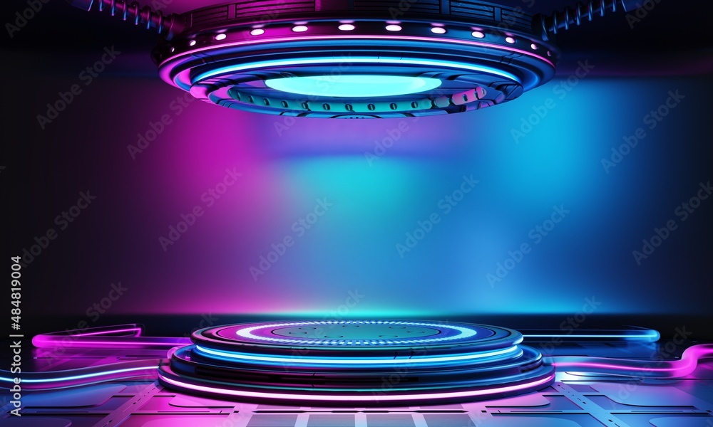 Aufkleber cyberpunk sci-fi product podium showcase in empty room with blue and pink background. technology and