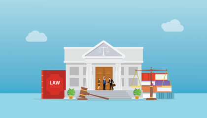 legal law service concept with gavel books and court building with people handshake with modern flat style
