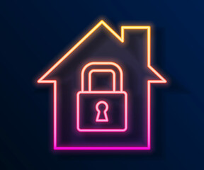 Glowing neon line House under protection icon isolated on black background. Home and lock. Protection, safety, security, protect, defense concept. Vector