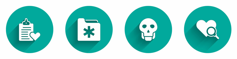 Obraz premium Set Patient record, Medical health folder, Skull and heart inspection icon with long shadow. Vector