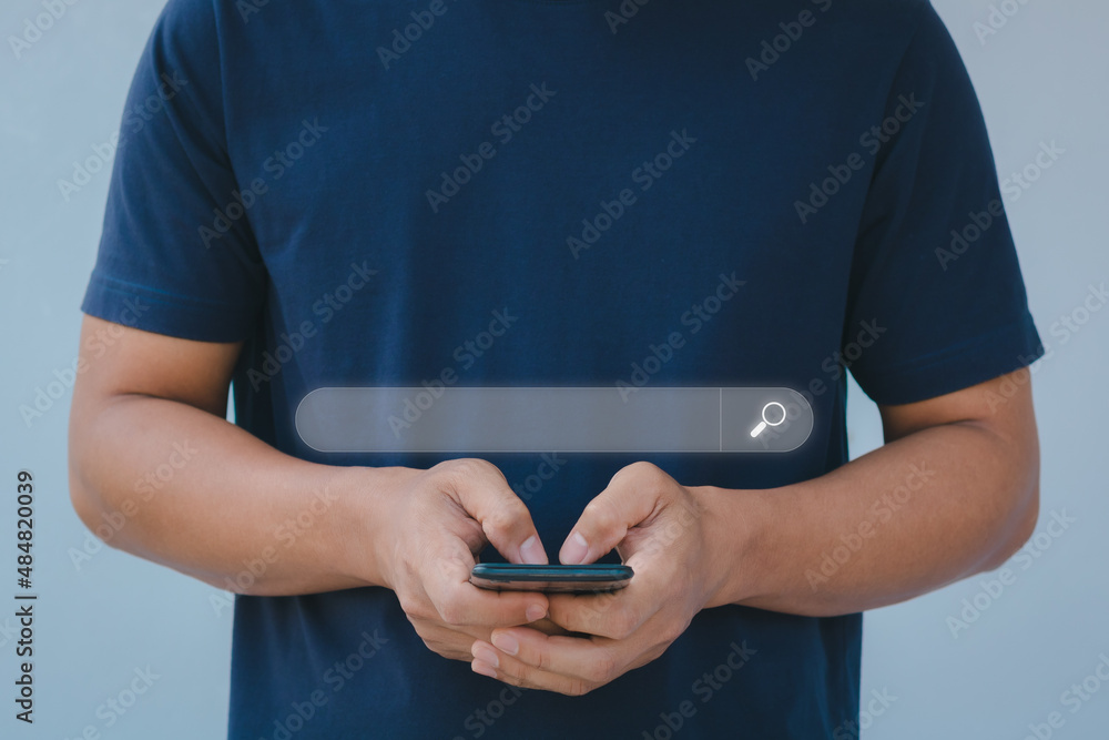 Poster men use smartphones to search and find what they are interested in. search technology, search engine