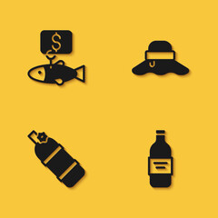 Set Price tag for fish, Bottle of vodka, Aqualung and Fisherman hat icon with long shadow. Vector