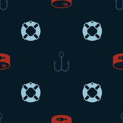 Set Canned fish, Fishing hook and Lifebuoy on seamless pattern. Vector