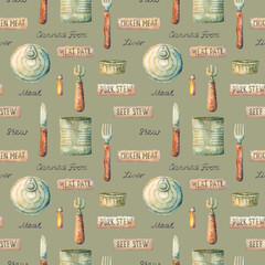 Meat delicacies. Canned food and cutlery with inscriptions and labels on khaki. Watercolor illustration seamless pattern