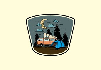 Half moon camping with campervan illustration