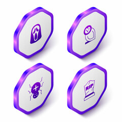 Set Isometric Funny and scary ghost mask, Owl bird, Spider and Tombstone with RIP written icon. Purple hexagon button. Vector