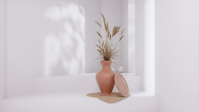 Minimalist backgrounds with interior elements and ceramics. Animations in the form of camera movement and shadows. 3d render. 