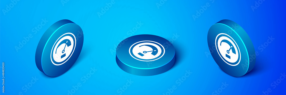 Sticker Isometric Speedometer icon isolated on blue background. Blue circle button. Vector