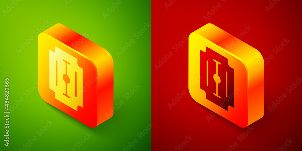 Poster isometric blade razor icon isolated on green and red background. square button. vector
