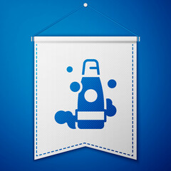Blue Bottle of shampoo icon isolated on blue background. White pennant template. Vector