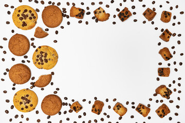 Homemade cookies with chocolate, nuts and coffee beans isolated on a white background 