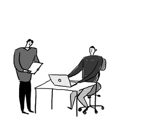 椅子に座ってパソコンを触る男性と、タブレットを持って立つ男性
（横、左配置）