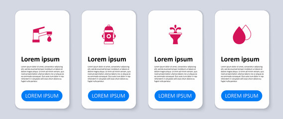 Set Water drop, Fountain, Fire hydrant and tap. Business infographic template. Vector