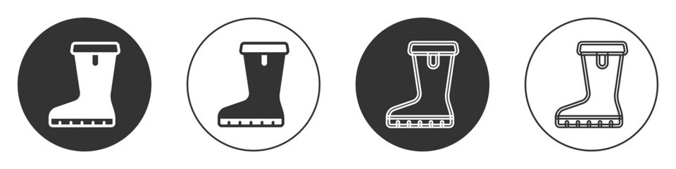 Black Waterproof rubber boot icon isolated on white background. Gumboots for rainy weather, fishing, gardening. Circle button. Vector