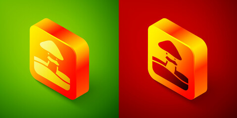 Isometric Mushroom icon isolated on green and red background. Square button. Vector