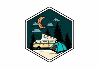 Half moon camping with campervan illustration